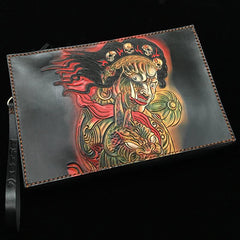 Black Handmade Tooled Leather Carp Toad Clutch Wallet Wristlet Bag Clutch Purse For Men