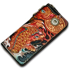 Handmade Leather Tooled Carp Mens Chain Biker Wallet Cool Leather Wallet Long Phone Wallets for Men