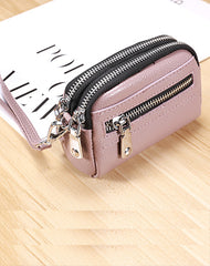 Small Womens Leather Red Double Zip Wallet Mini Wallet with Coin Pocket Zip Wallet for Ladies