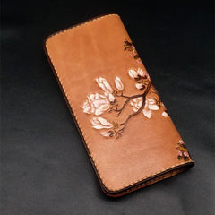 Handmade White Flowers Magnolia denudata Tooled Leather Womens Long Wallet Zipper Clutch For Women