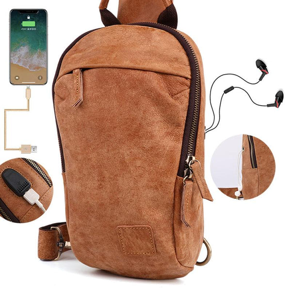 Cool Brown Mens Leather One Shoulder Backpack Chest Bag Sling Bag For Men FY02192131