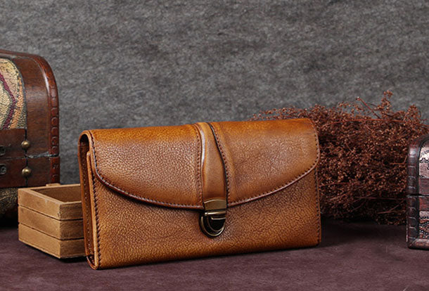 Genuine Leather Wallet Vintage Folded Long Wallet Purse Clutch For Women