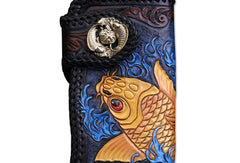 Handmade Leather Long Black Biker Wallet Leather Chain Wallet Men Red Carp Tooled Wallets - EverHandmade