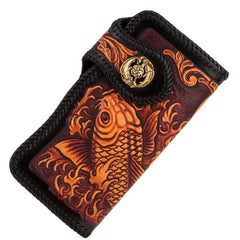 Handmade Leather Tooled Long Carp Mens Chain Biker Wallets Cool Leather Wallet With Chain Wallets for Men