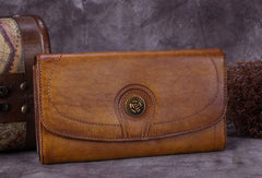 Genuine Leather Wallet Folded Long Wallet Vintage Wallet Purse For Women - EverHandmade