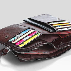 Handmade Mens Cool billfold Leather Wallet Men Small Zipper Wallets Bifold for Men