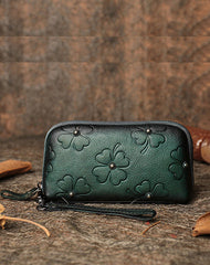 Handmade Dark Green Womens Clover Leather Long Wallet Zipper Clutch Wristlet Wallet for Women