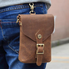 Vintage Brown Leather Men's Belt Pouch Cell Phone Holster Waist Belt Bag Mini Side Bag For Men