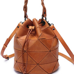 Stylish Leather Brown Bucket Handbag Shoulder Bag Green Barrel Purse For Women
