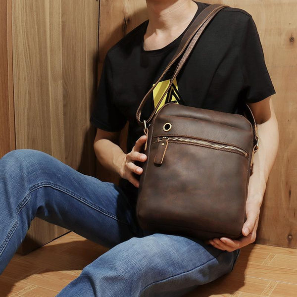 Casual Dark Coffee Leather Messenger Bag Men's - Back View