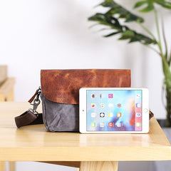 Leather Canvas Mens Small Side Bag Gray Courier Bag Postman Bag Messenger Bag for Men