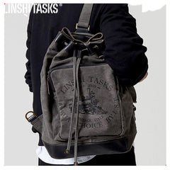 Fashion Canvas Leather Mens Bucket Sling Bag Sling Pack Khaki Canvas Sling Backpack for Men