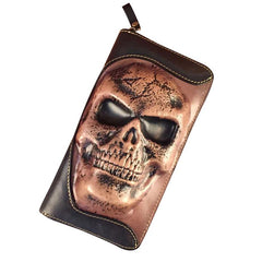 Handmade Genuine Leather Mens Clutch Cool Long Wallet Skull Zipper Clutch Wristlet Wallet for Men