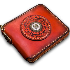 Handmade Leather Small Tibetan Tooled Mens billfold Wallet Cool Chain Wallet Biker Wallet for Men