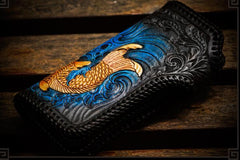 Handmade Leather Tooled Carp Mens Biker Chain Wallet Cool Leather Wallet Long Phone Wallets for Men