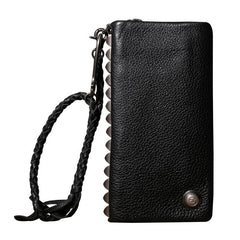 Genuine Leather Mens Cool Biker Chain Wallet Long Leather Wallet Clutch Wristlet Wallet for Men