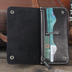 Handmade Genuine Leather Mens Cool Long Leather Wallet Bifold Clutch Wallet for Men