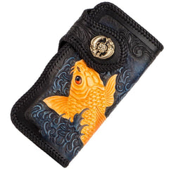 Handmade Leather Carp Tooled Long Mens Chain Biker Wallets Cool Leather Wallet With Chain Wallets for Men