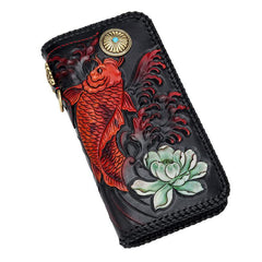 Handmade Leather Tooled Carp Prajna Mens Chain Biker Wallet Cool Leather Wallet Zipper Long Phone Wallets for Men