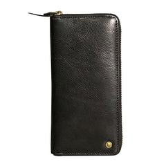 Genuine Leather Mens Cool Long Leather Wallet Zipper Clutch Wristlet Wallet for Men