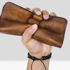 Handmade Leather Mens Cool Long Leather Wallet Trifold Clutch Wallet for Men