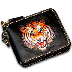 Handmade Leather Tiger Tooled Mens billfold Wallet Cool Clutch Wristlet Bag Chain Wallet Biker Wallet for Men