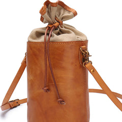 Vintage Leather Brown Bucket Shoulder Bag Barrel Crossbody Purse For Women