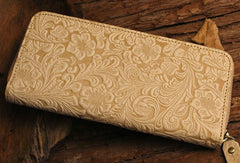 Handmade long leather wallet floral leather clutch wallet for women men zipper