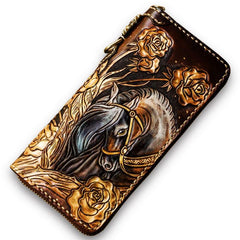 Handmade Leather Tooled Horse Mens Chain Biker Wallet Cool Leather Wallet Long Phone Wallets for Men