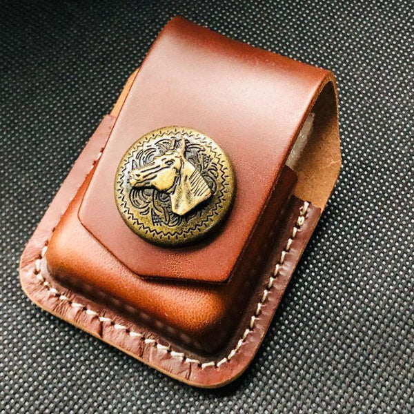 Brown Handmade Leather Mens Horse Zippo Lighter - Back View
