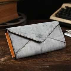 Handmade Leather Mens Gray Envelope Long Wallet Blue Long Wallet Clutch Bag For Men
