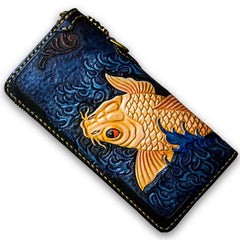 Handmade Leather Men Tooled Carp Cool Leather Biker Wallets Long Wallets for Men