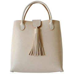 Handmade Leather Beige Womens Handbag Shoulder Bag Crossbody Purse Tassels for Women