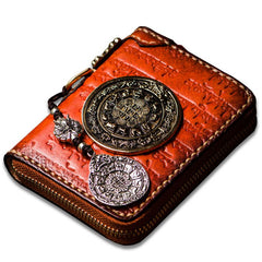 Handmade Leather Tibetan Tooled Mens billfold Wallet Cool Chain Wallet Small Biker Wallets for Men