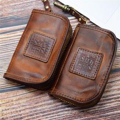 Vintage Mens LEATHER Car Key Holder Zipper Key Wallet Key Holder for Men