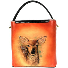 Handmade Womens Tooled Leather Square Handbag Purse Deer Crossbody Bag for Women