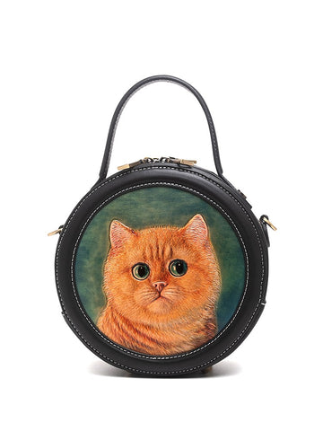 Handmade Womens Brown Leather Round Handbag Purse Cat Round Crossbody Bag for Women