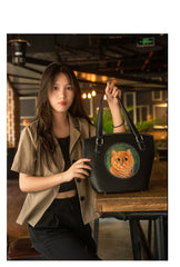 Handmade Womens Brown Leather Totes Handbag Purse Black Cat Tote Bag for Women