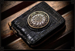 Handmade Leather Crocodile Skin Tooled Mens billfold Wallet Cool Chain Wallet Biker Wallet for Men