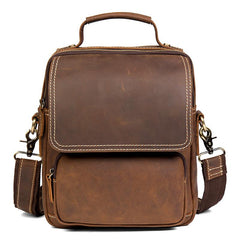 Dark Brown Leather 10 inches Vertical Messenger Bag Cool Side Bag Courier Bag Postman Bag for Men