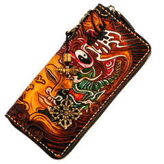 Handmade Leather Mens Tooled Buddha&Demon Chain Biker Wallet Cool Leather Wallet Long Clutch Wallets for Men