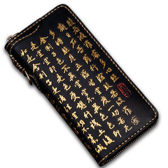 Handmade Leather Mens Chinese Handwriting Biker Chain Wallet Cool Leather Wallets Long Wallets for Men