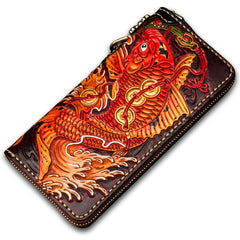 Handmade Leather Tooled Carp Mens Chain Biker Wallets Cool Leather Wallet Long Wallets for Men