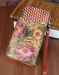 Vintage Handmade Flowers Floral Brown Leather Wristlet Wallet Womens Zip Around Wallets Flowers Ladies Zipper Clutch Wallet for Women