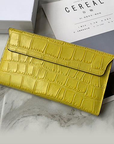 Cute Women Yellow Vegan Leather Long Wallet Crocodile Pattern Card Holder Clutch Wallet For Women