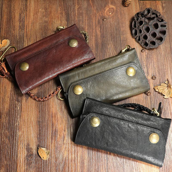 Cool Leather Mens Black Long Chain Wallet Brown Long Trifold Biker Wallet for Me DM02281019