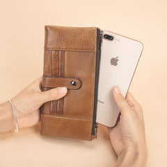 Brown Leather Long Wallet for Men Bifold - Bill Slots Detail