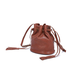 Fashion Leather Brown Bucket Shoulder Bag Barrel Purse With Tassels For Women