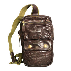 Genuine Leather Mens Cool Chest Bag Sling Bag Coffee Crossbody Pack Sling Pack for men