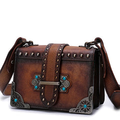 Vintage Brown Leather Small Rivet Shoulder Bag Retro Crossbody Purse For Women